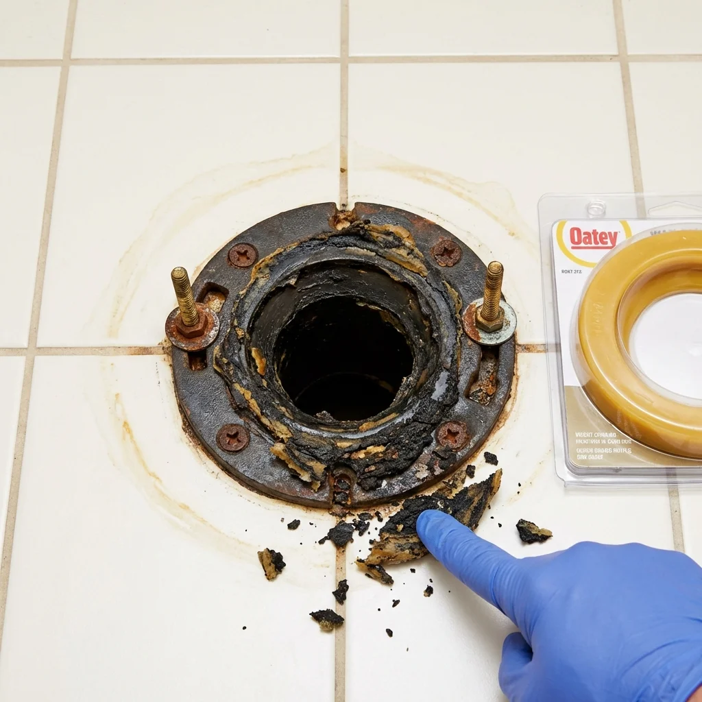 Failed wax ring showing water seepage at the base of a toilet in a Clinton, LA home